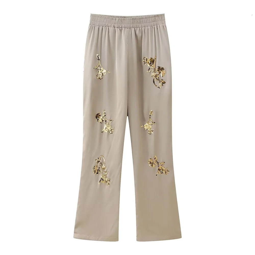 Zach Ailsa Summer Product Womens Satin Texture Sequins Heavy Industry ed Shirt High Waist Long Pants Set 250226