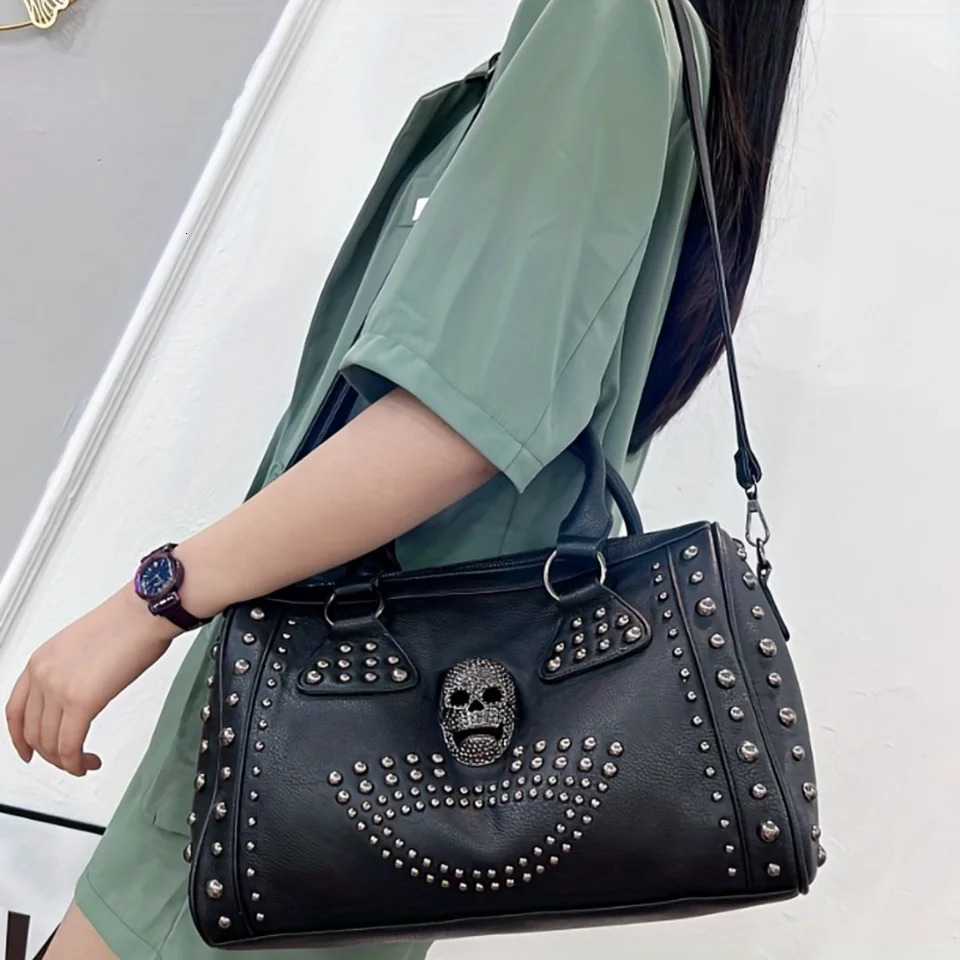Ship from US Dark Enchantment Skull Tote Bag Steampunk Studs Boston Style Gothic Chic Top Handle Crossbody 250227FBB