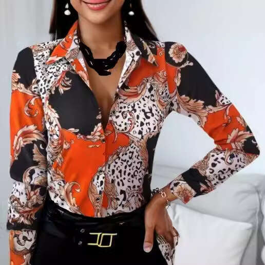 hot autumn and winter long sleeved V-neck color blocked retro style shirt top, versatile new trend clothing for 2025 temperament ins