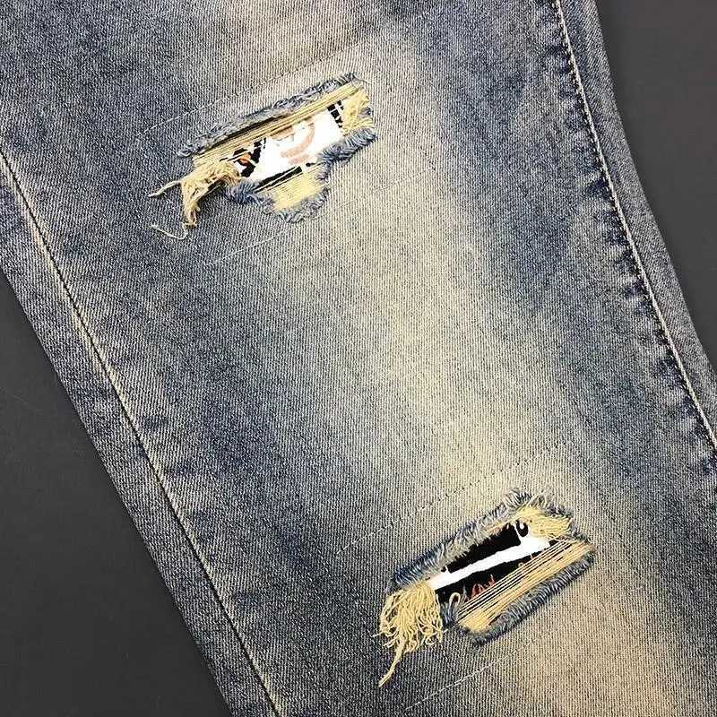2024 Spring Autumn Casual Slim Denim Jeans for Men Full Length Pants with Patchwork Hole and Print Cowboy Designer Mens Jeans X250227
