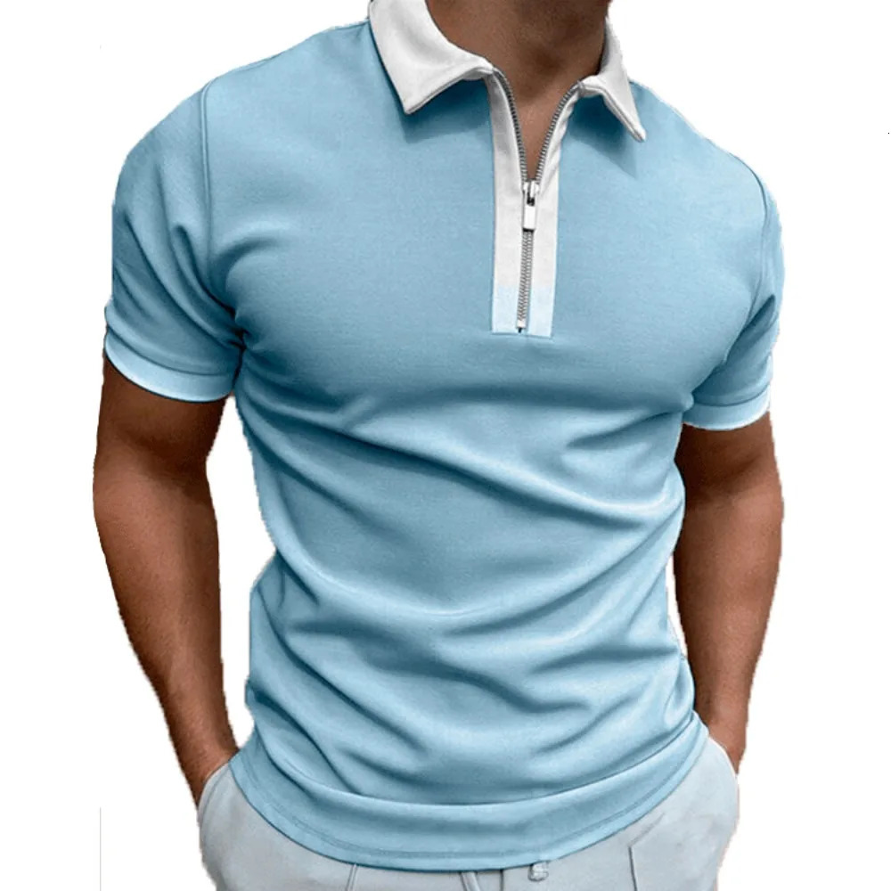 Mens Shortsleeved Tshirt Slim Fit Patchwork Zipper Turn Down Collar Golf Polo Summer TShirts Streetwear Breathable 250226