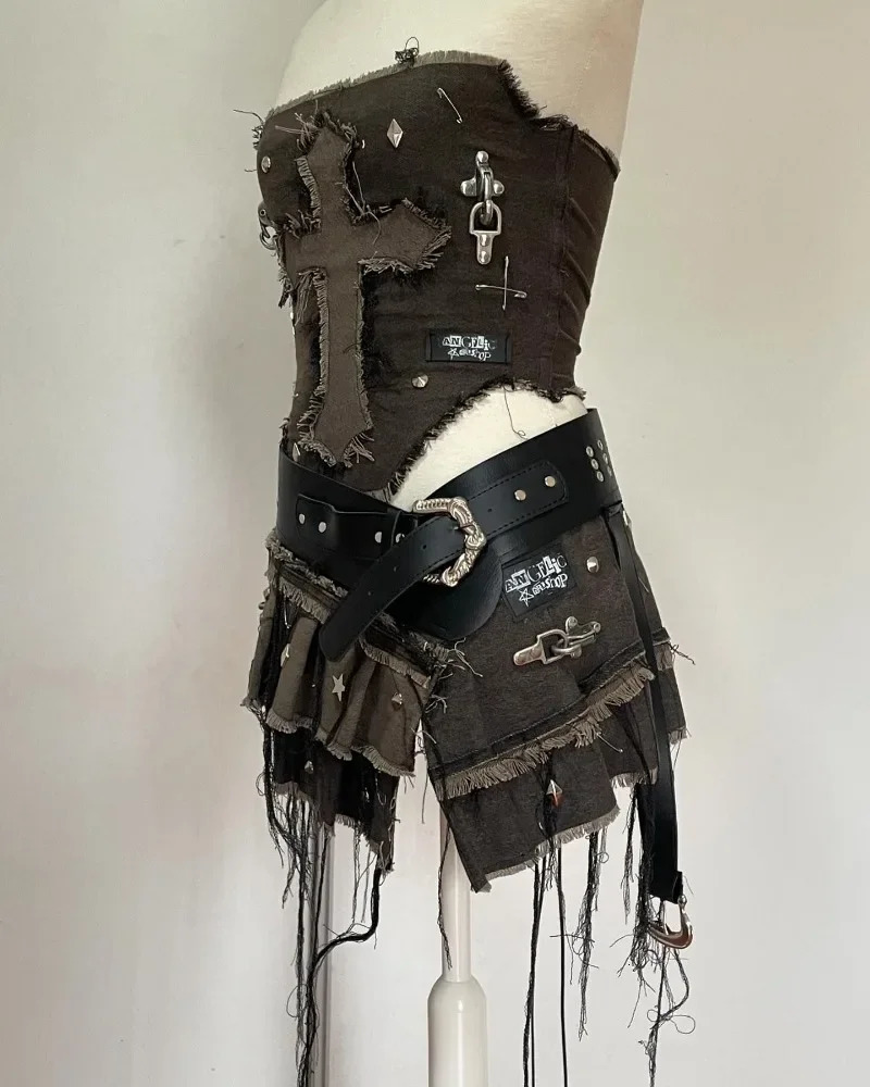 Y2K Denim Stitching and Washing To Make Old Two-piece Woharajuku Goth Long-sleeved Zipper Coat Mini Pleated Skirt Autumn Coat 250226