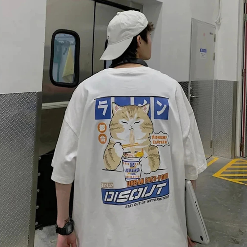 Harajuku Cat Cartoon Eating Noodles Graphic Men Women Tshirts Casual Short Sleeve Tees Japan Style Oversized T Shirt Clothing 250227
