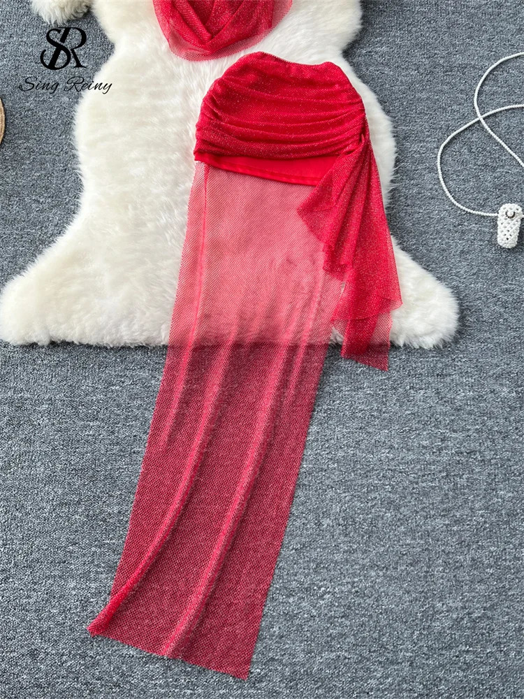 SINGREINY Sensual Vacation Styles Hoodeds Skirt Sets Mini TopShort Sim Skirt Set Female Shiny Hollow Out Irregualr Sheath Suits 250226