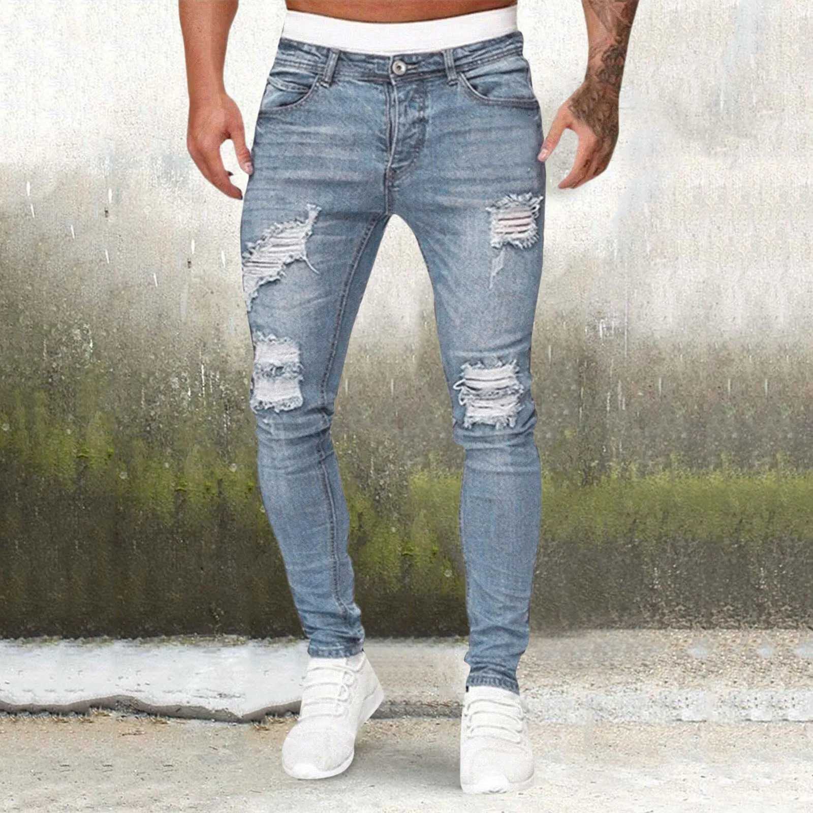 Mens Casual Hip Hop Sports High Stretch Tight Wash Polished White Ripped Fit Zipper Jean Pants Business Stretch Mens Jeans X250227