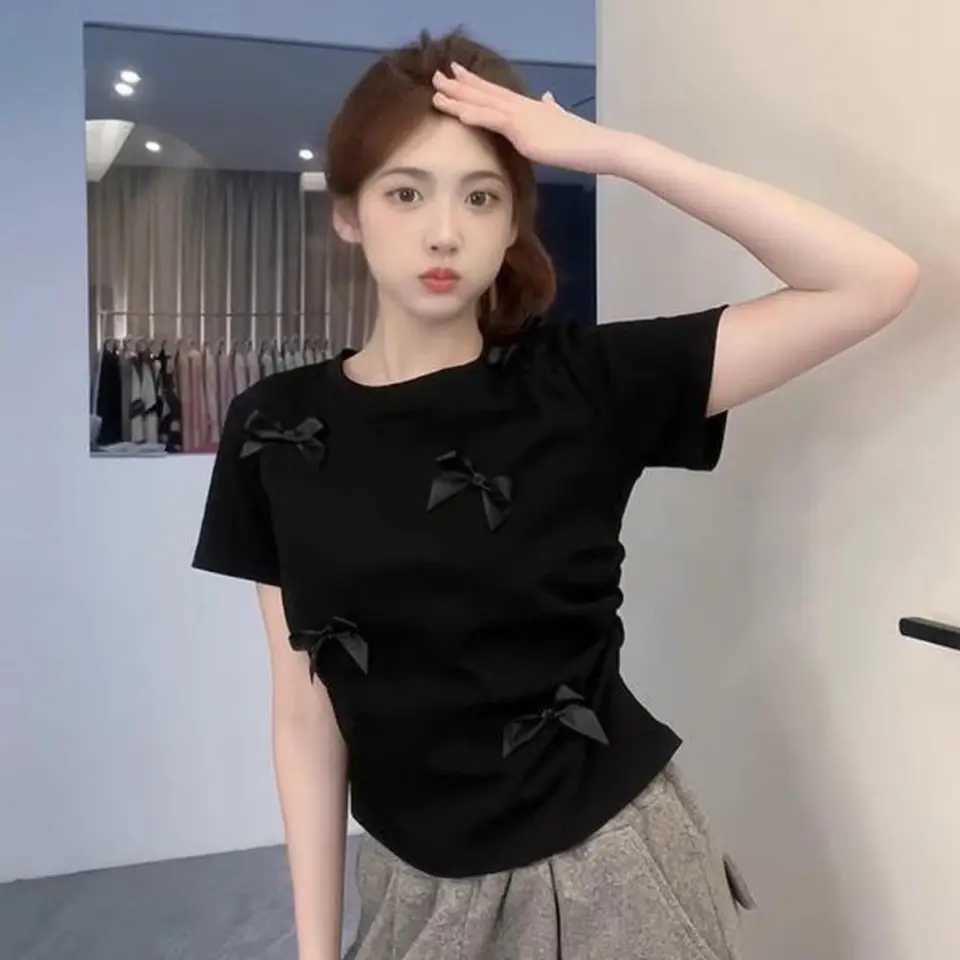Elegant ballet bow T-shirt round neck Japanese style womens top solid color short sleeved ribbon crop vest womens topT250320