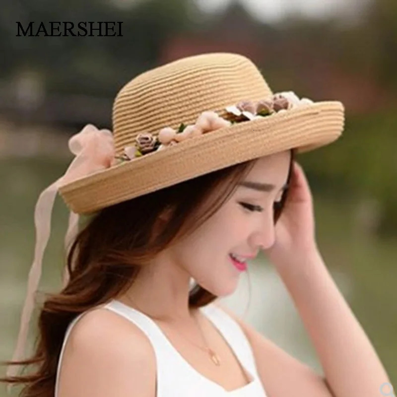 MAERSHEI Summer Straw Hat Handmade Flower Womens Garland Sunbonnet Bucket Hat Roll-up Hem Beach Cap Sun Hat For Girls 250218