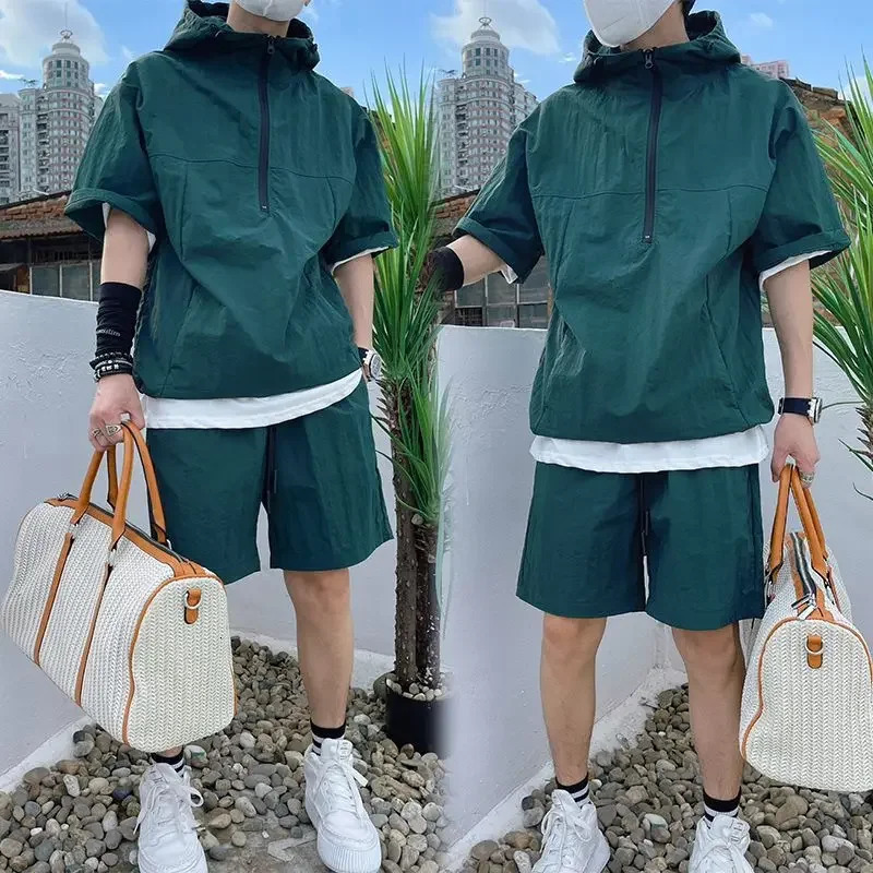 Summer Cargo Style Set Mens Casual Hooded Solid Short Sleeve T-shirt Shorts Loose Fashion High Quality Handsome Sweatshirt Suit 250222
