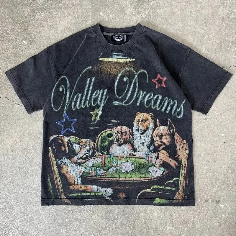 Harajuku retro Tshirt printed with Gothic style oversized mens hiphop streetwear punk casual loose clothing 250226