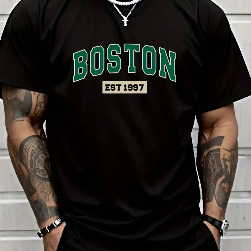 Boston EST1997 Retro Printed Mens Cotton Tshirt Fashion Casual Loose Summer Couple Short Sleeve Large Size 250225