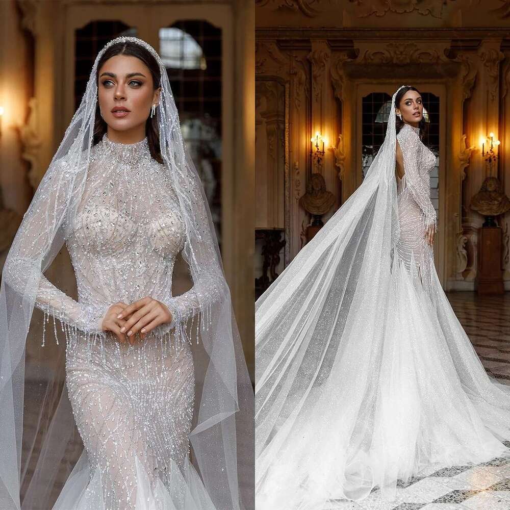 Mermaid High Neck Backless Beads Lace Pearls Wedding Dress Train Sweep Custom Bridal Dresses