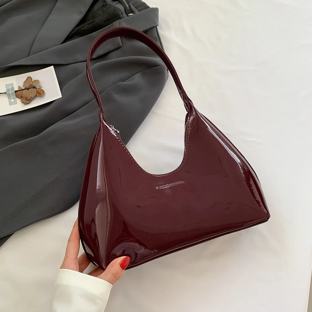Ship from US Womens patent leather handbag fashionable shoulder bag casual zipper armrest top girls date wallet 250227FBB