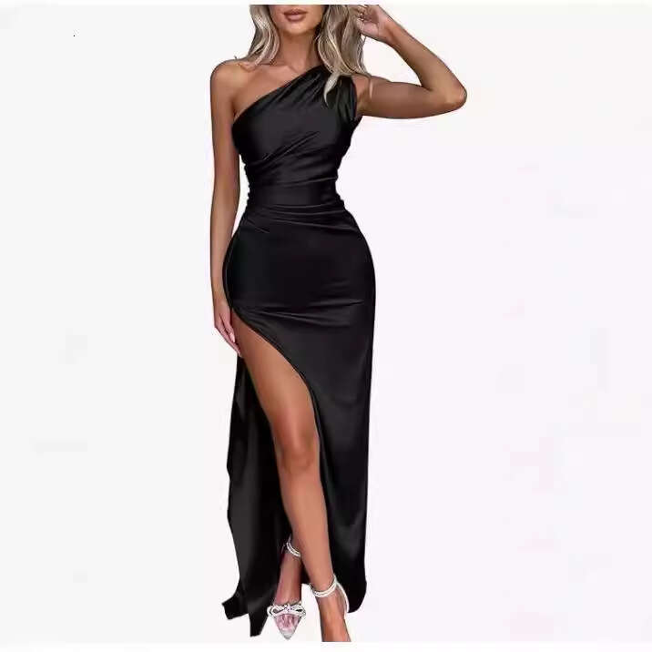 Single shoulder pleated slit sexy satin dress with European American summer temperament, slim fit solid color, long 2025 new style, chic and elegant c