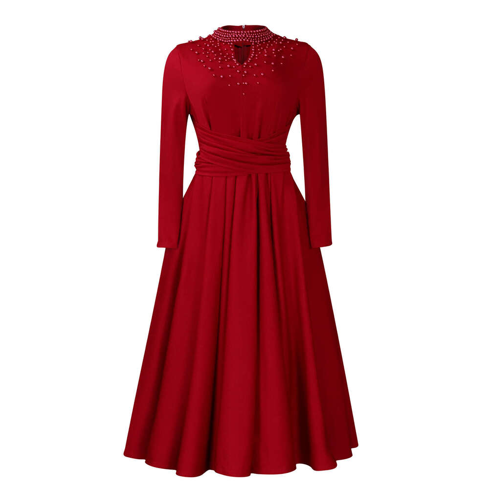 D454 Women's Fashionable High Collar Elegant Nail Bead Grand Swing with Waist Folding African Dress 2025 New Casual Versatile Fashion Clothing