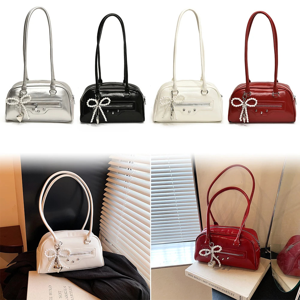 Ship from US Women PU Shoulder Bag Trendy Tote Handbag Large Capacity Chic Hobo Zip Closure with Bow Pendant Outdoor Travel 250227FBB
