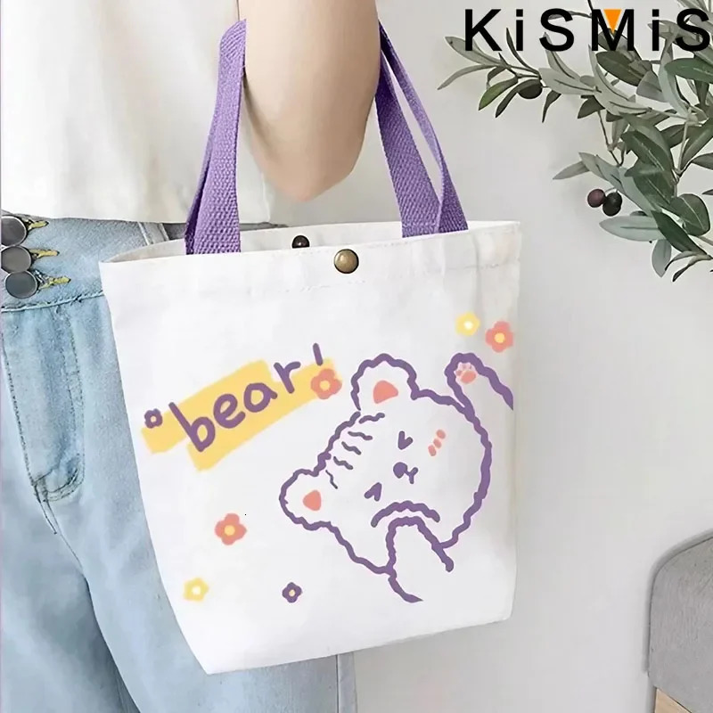 Ship from US KISIMIS Womens Mini Cotton Canvas Handbag Cute Bear Simple Shopping Bag Decorative Wallet Lunch 250227FBB
