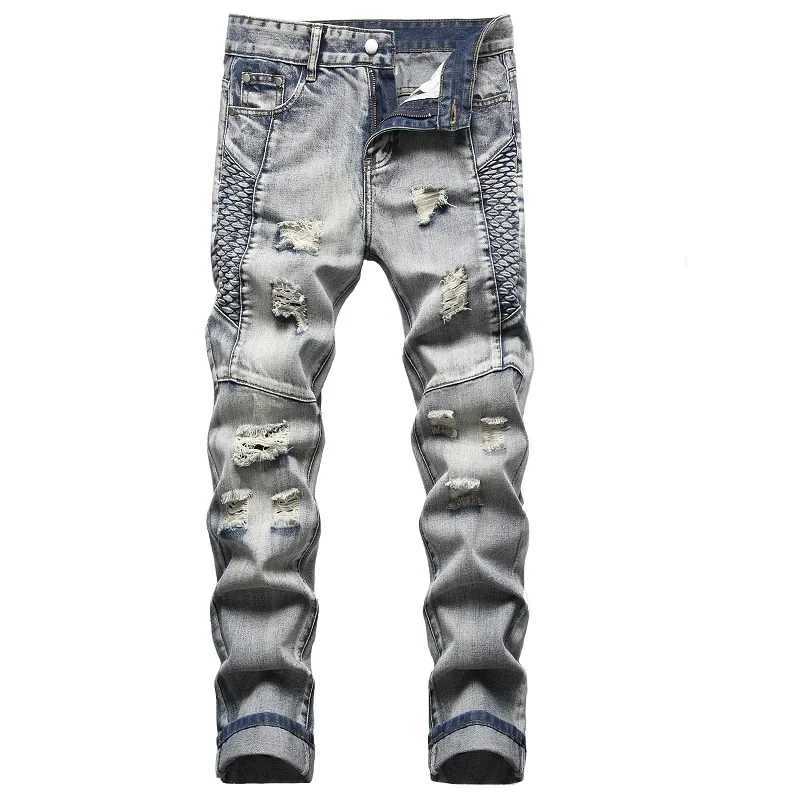 New Mens Nostalgic Ripped Jeans Embroidered Straight-leg Slim Fit Male Casual Colorblock Denim Trousers Mens Pants X250227