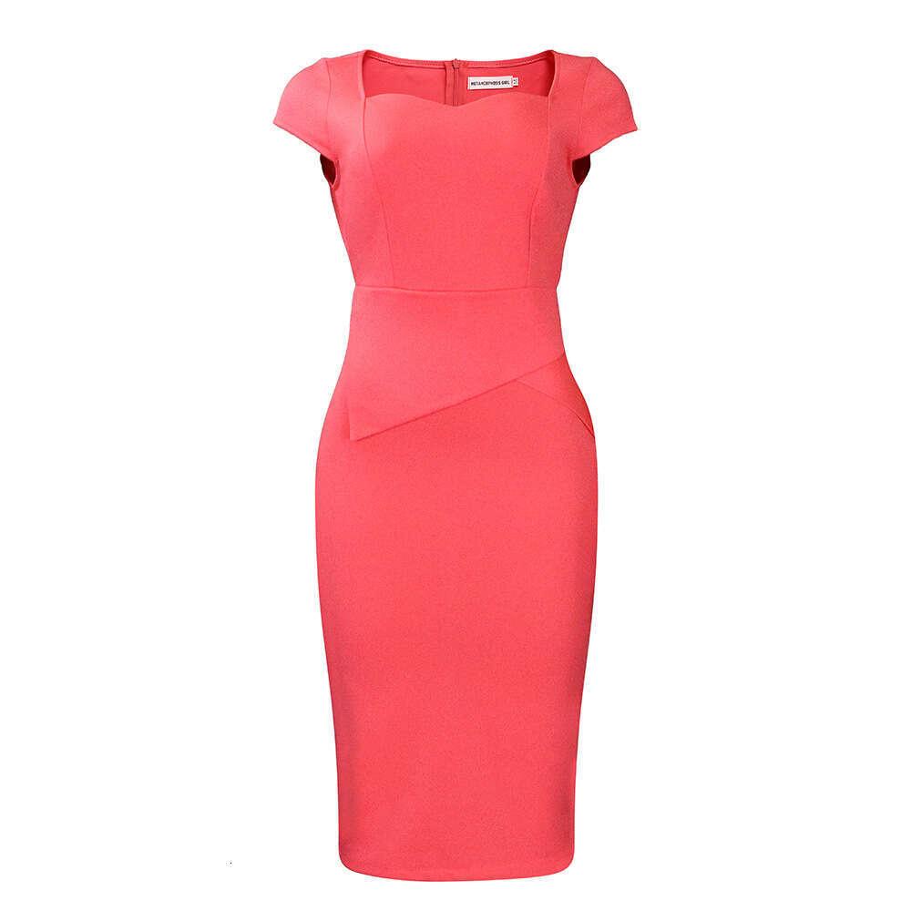D347 European and American women's short sleeved solid color hip hing work office dress 2025 temperament versatile new trend clothing ins
