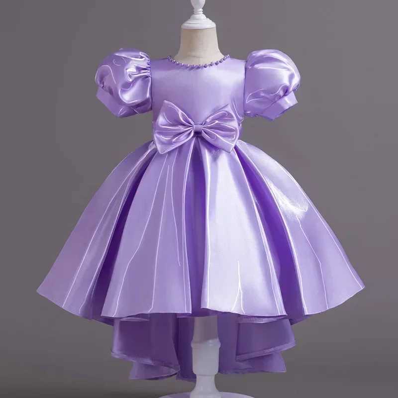Girl's Dresses Fashion Solid Color Girl Evening Gown Short Sleeve Bow Kids Dresses for Girls Summer Girls Party Dress 1-10 Years Y2502271HRY