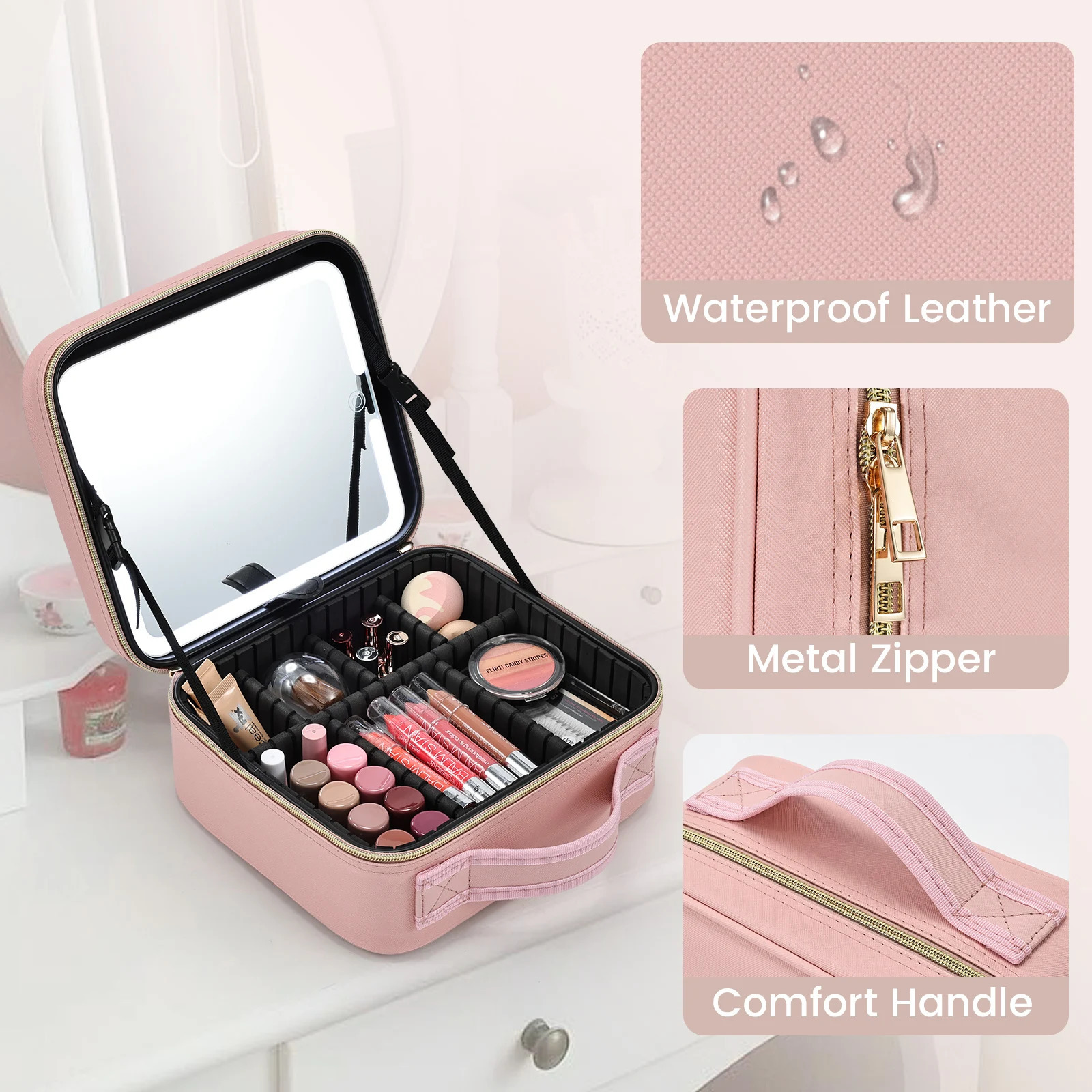 Ship from US Makeup Bag With Led Mirror 3 Modes Lights Vanity Travel Case Lighted 250227FBB