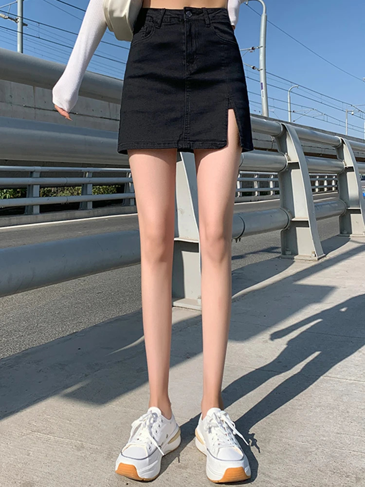 Ins Summer Women High Waist Wrapped Hip Denim Skirt s Sexy Nightclub Mini Dress Black Split Elastic A Line Short Skirt 250224