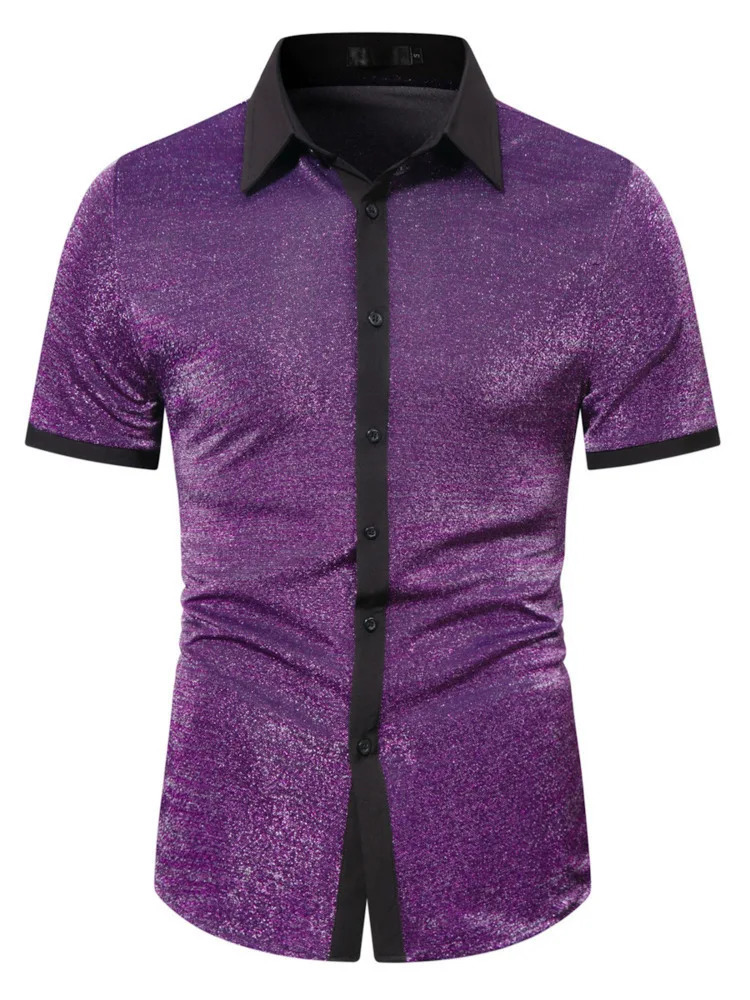 #4628 Gold Purple Silver Shinny Short Sleeve Shirt Men Split Joint Streetwear Mens Shirts Regular Fit Party Night Club Hip Hop 250224