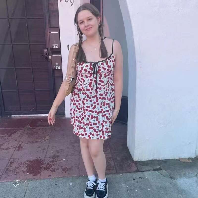 American Style Romantic Cherry Silk Printed Lace Up Suspender Dress Womens Floral Dress Long Summer Dress Novelty Short Pregnant Womens Dress