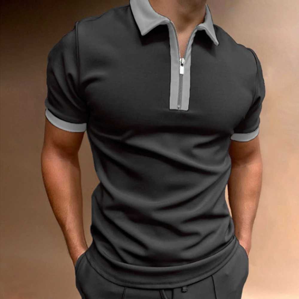 Mens Shortsleeved Tshirt Slim Fit Patchwork Zipper Turn Down Collar Golf Polo Summer TShirts Streetwear Breathable 250226