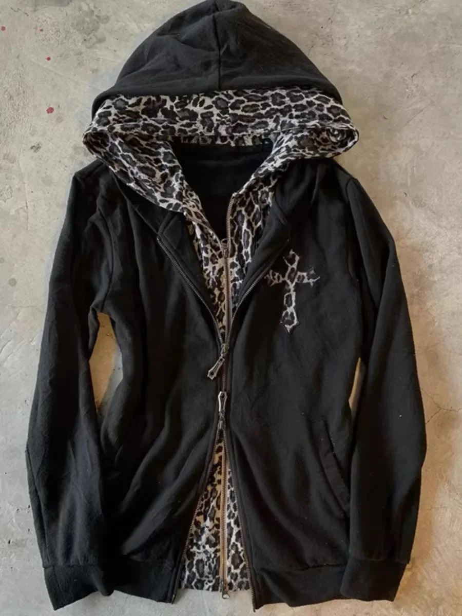 Y2K retro leopard print double hooded streetwear Gothic womens clothing long sleeved zipper mens 250226