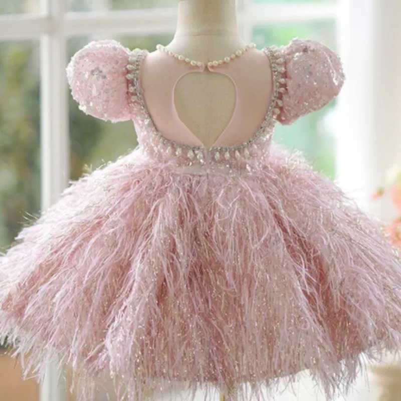 Girl's Dresses Fashionable baby girl princess sequined feather dress with fluffy sleeves childrens pearl Visconti party baby clothing 2-14Y Y2502