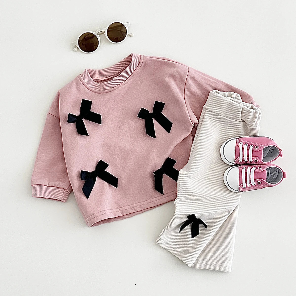 Ins Toddler Baby Suit Infant Outfit Baby Girls Spring Autumn Long Sleeved Bow Top PulloverPants born Baby Clothes Sets 0-3Y 250227