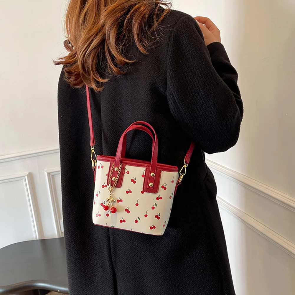 Ship from US Women PU Cherry Shoulder Bag Large Capacity Trendy Commuting with Pendant Stylish Crossbody Casual Satchel 250227FBB