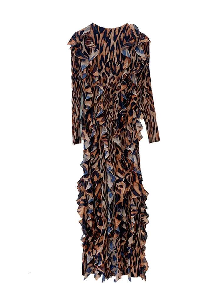 LANMREM Leopard Print Pleated Dress For Women Round Neck Long Sleeves Ruffles Fashion Dresses 2024 Spring Summer New 2Da4121