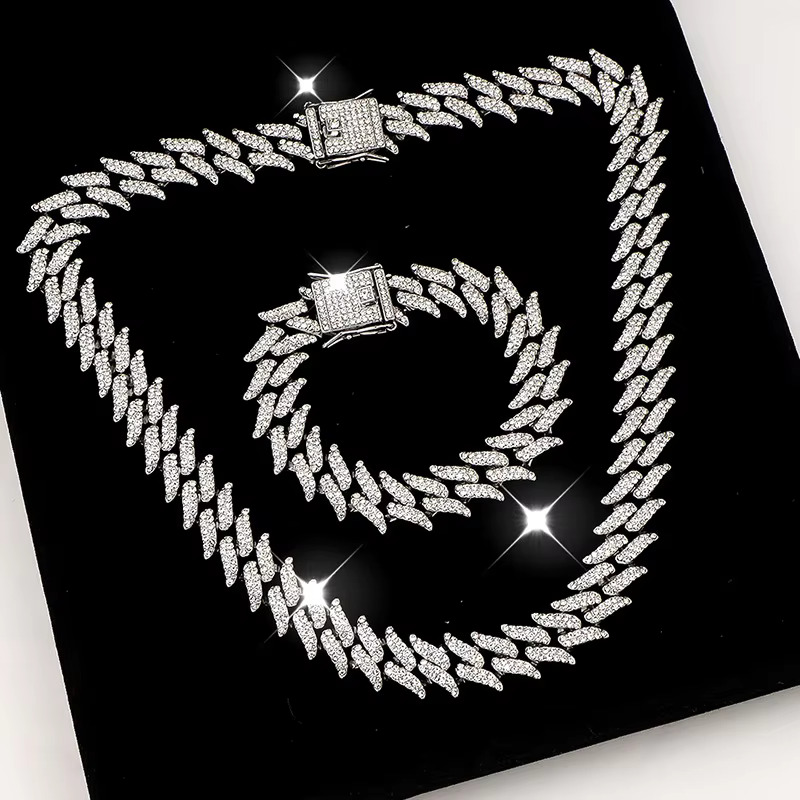 Wholesale HipHop Trendy Vintage Daily Fashion Party 15mm Zircon Dia Iced Out Full Thorns Cuban Necklace Bracelet Set Gift