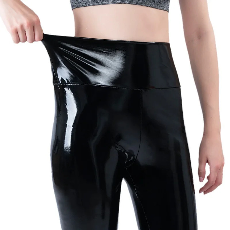 Push Up Women Black Leggings High Waist Elastic PU Leather Skinny Pants Shiny Wet Look Metallic Latex AnkleLength Bottom 250227