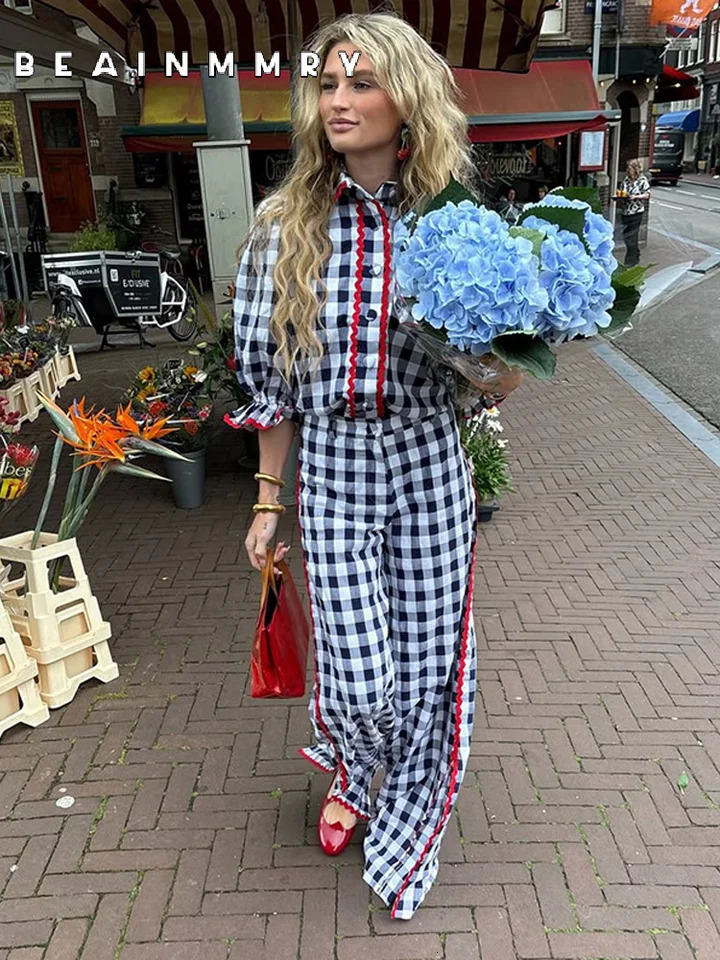 Casual Women Plaid 2 Piece Sets Fashion Lapel Single Breasted Half Sleeve Lace Pleated Pants Suits Spring Female Street Outfits 250226