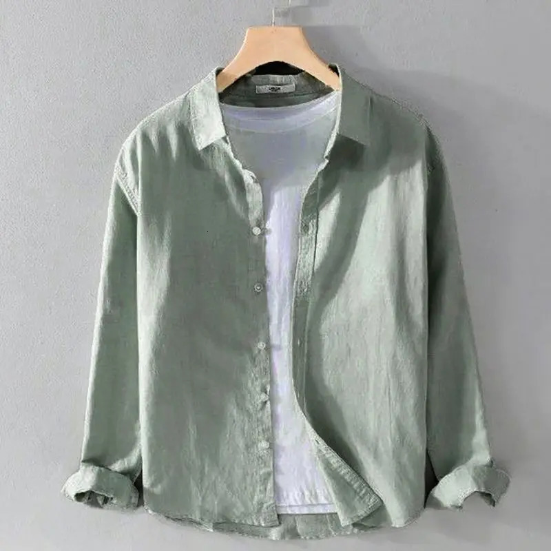 Spring Summer Mens Solid Color Simple Long-sleeved Shirt Loose High-end Comfortable Square Collar Handsome Trendy Mens Shirt 250224