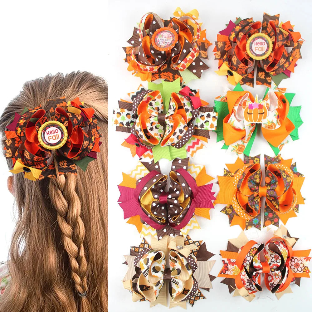 Free delivery of 30 autumn pumpkin hair bow clips maple leaf hair clips childrens and girls hair accessories 250227
