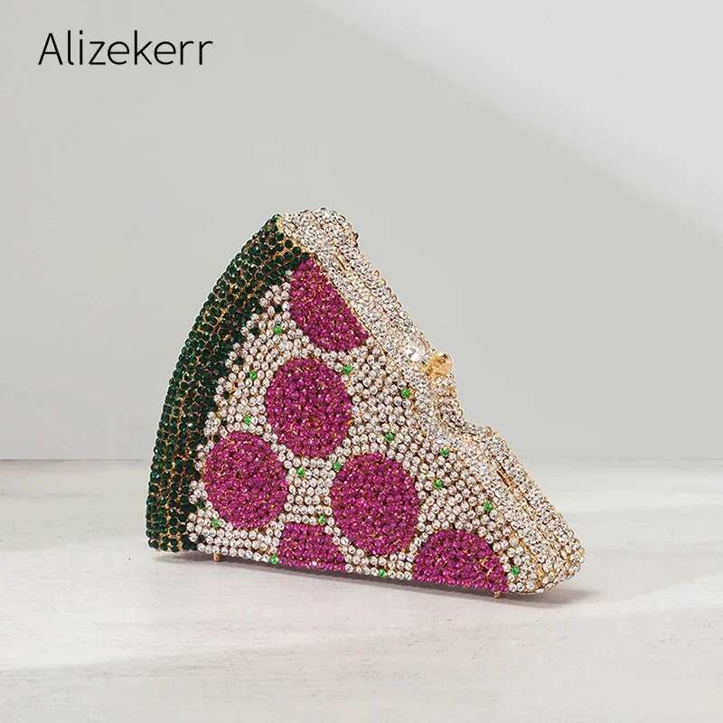 Alizekerr Pizza Shaped Dia Evening Clutch Bags 2024 New Gorgeous Unique Metallic Watermelon Rhie Purses Wedding Party