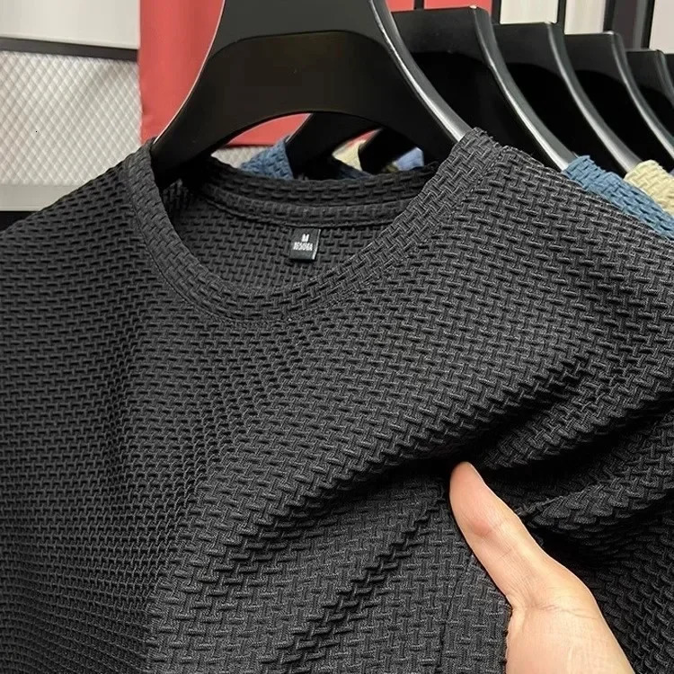 Mens Short Sleeve Mesh Bamboo Ice Silk T-shirt Casual Versatile Summer Elastic Slimming Top for Men 250227