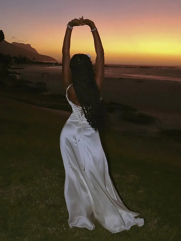 Elegant White Satin Drawstring Tie Backless Long Dress Women High Waist Square Neck Slim Sling Dresses 2025 Sexy Beach Robes 250226