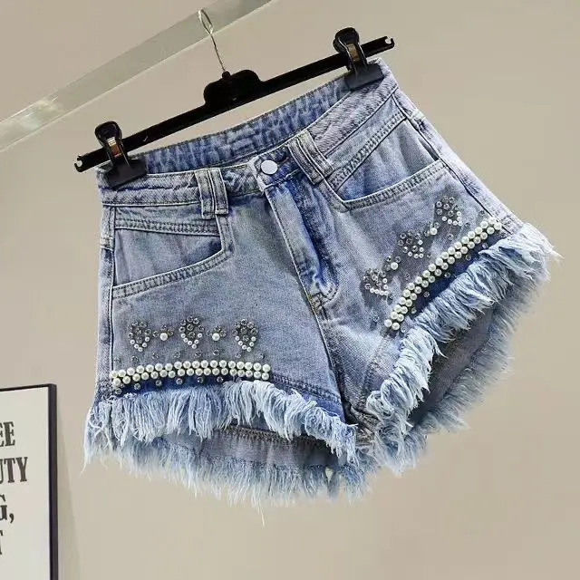 Pink Bead Diamond Irregular Burr Edge Wide Leg A-Word Denim Shorts Pants Womens Korean High Waist Jean Shorts Mujer 250226