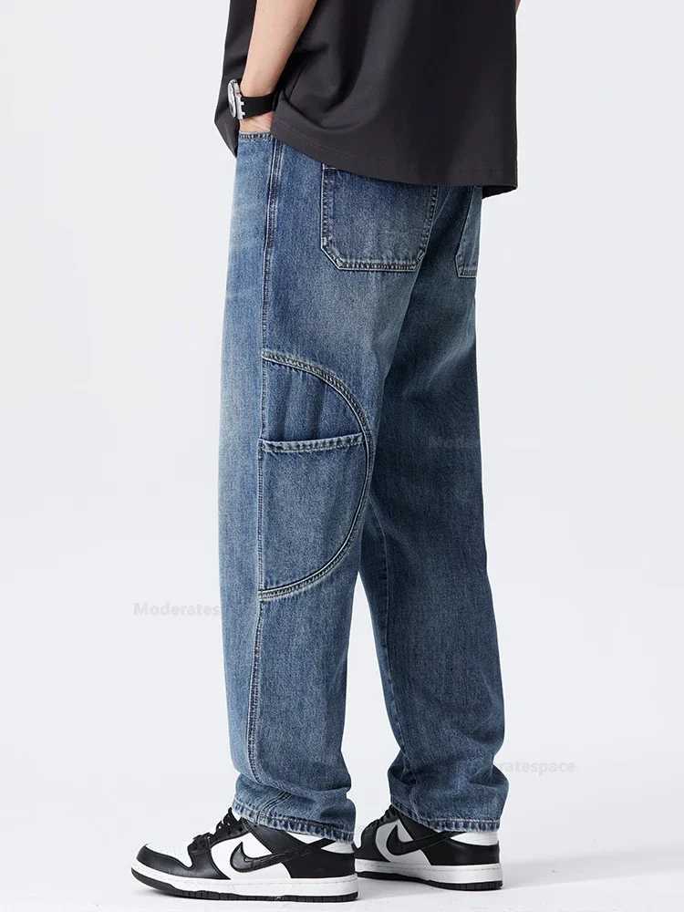 Retro patchwork jeans Korean mens clothing stretchy straight legs casual denim loose and fashionable pants mens X250227