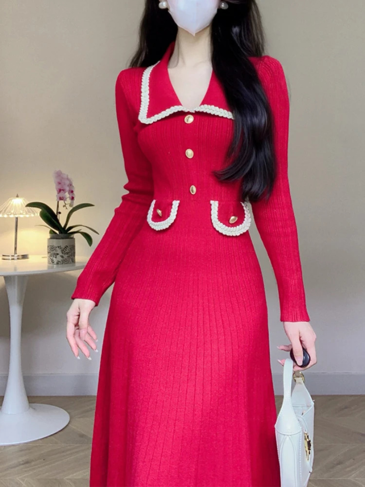 Women French Knitted Dress Autumn Winter Slim A-line Lapel Casual Knitted Dresses Ladies Elegant Long Sleeve Midi Dress 250226