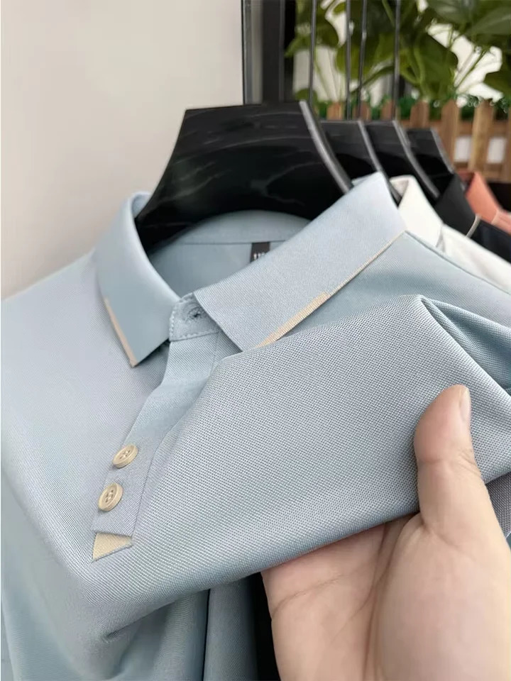 High quality ice silk short sleeve T-shirt mens summer fashion solid color lapel top cool breathable casual POLO shirt 250225