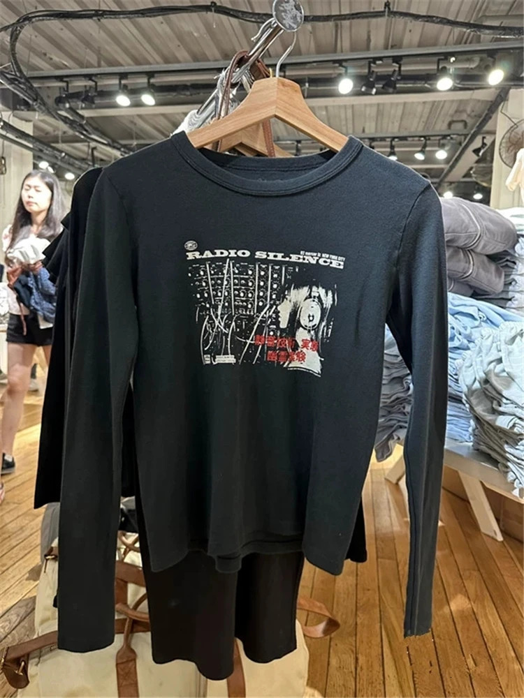 Casual Womens Black Long sleeved Tshirt Autumn Retro Oneck Printed Fashion Top 250226