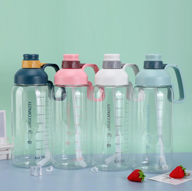 Motivational Large PC Plastic Sport Water Bottle with Straw and Portable Handle 1800ml