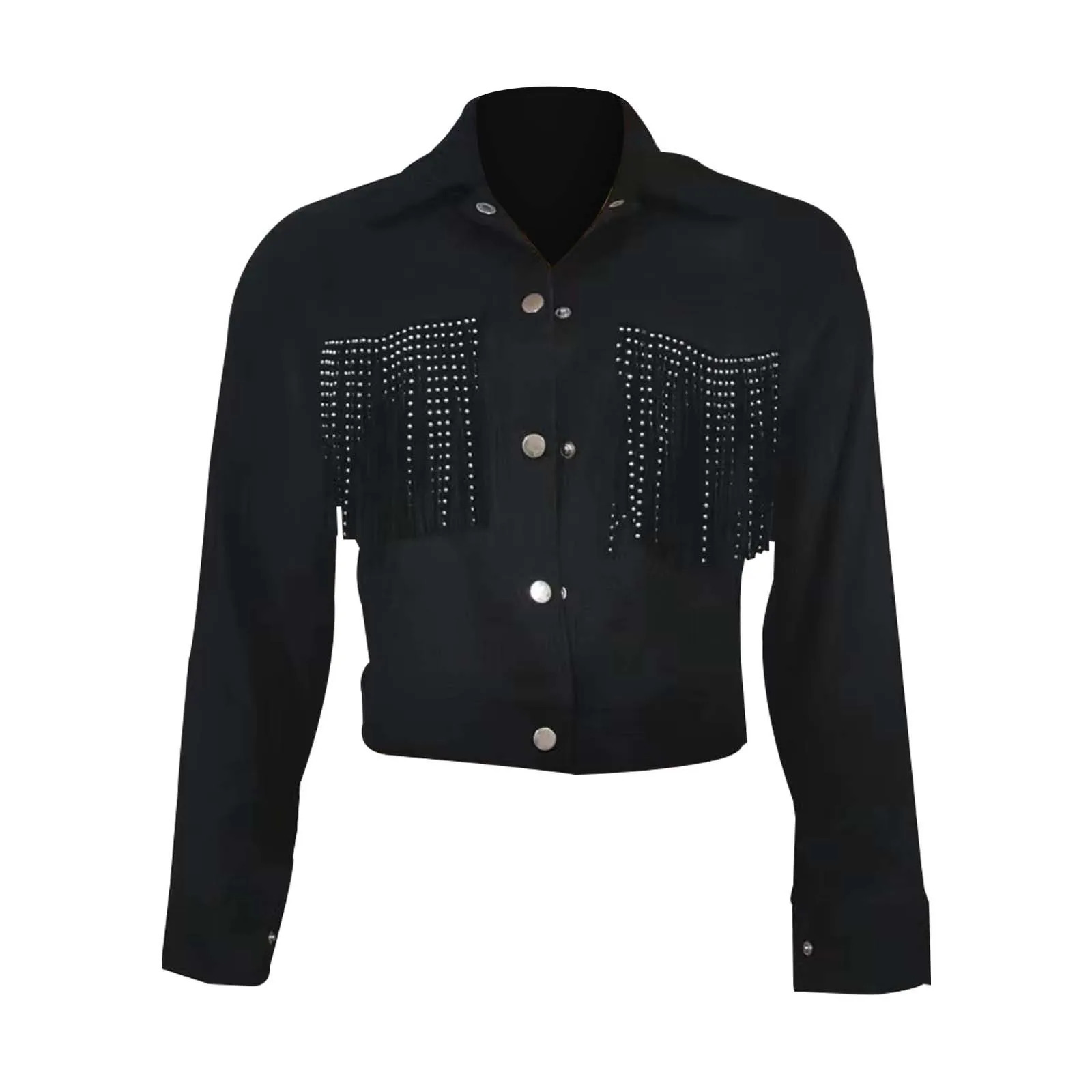 Womens Fringe Lapel Demin Short Jacket Tops Streetwear Plus Size Button Up Cropped Outwears Fall Loose Fit Shirts Trench Coats 250227