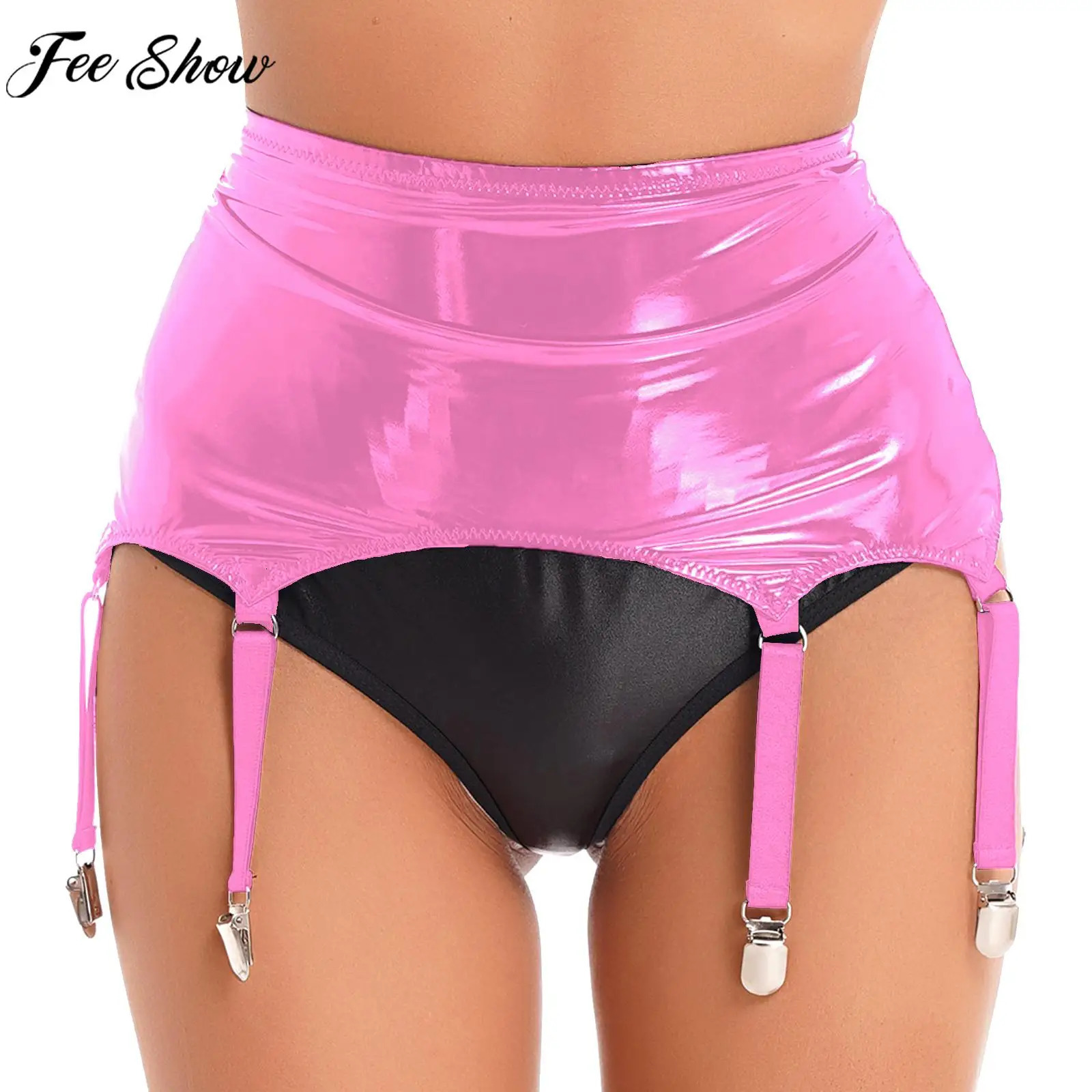 Womens Patent Leather Garters with Metal Clips Underwear Nightclub Rave Party Pole Dancing Stage Performance Costume Nightwear 250227