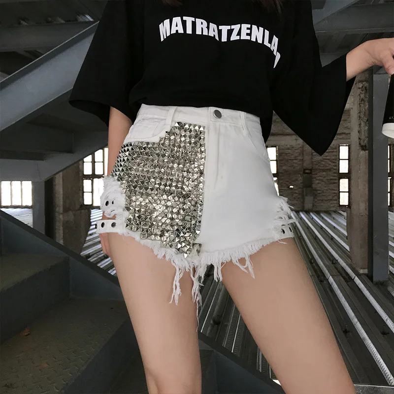Summer Side Spike Women Denim Shorts Fashion Loose Holes High Waist Jeans High Street Wide Legs Thin Shorts Women Trousers 250225